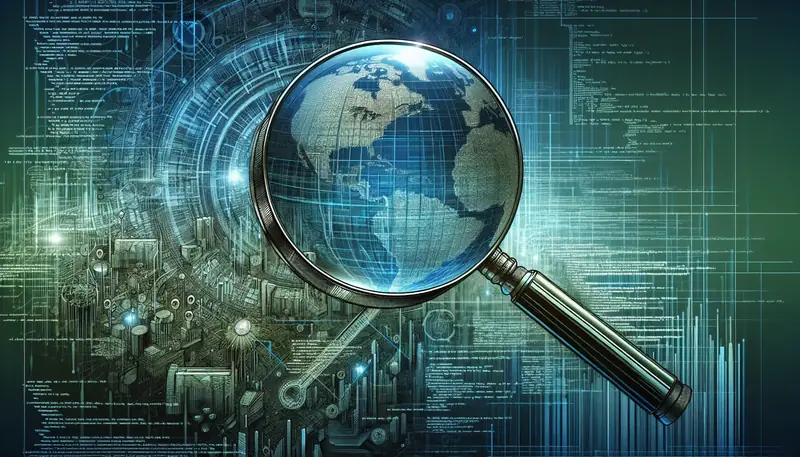 Illustration of a magnifying glass over technical documents and code