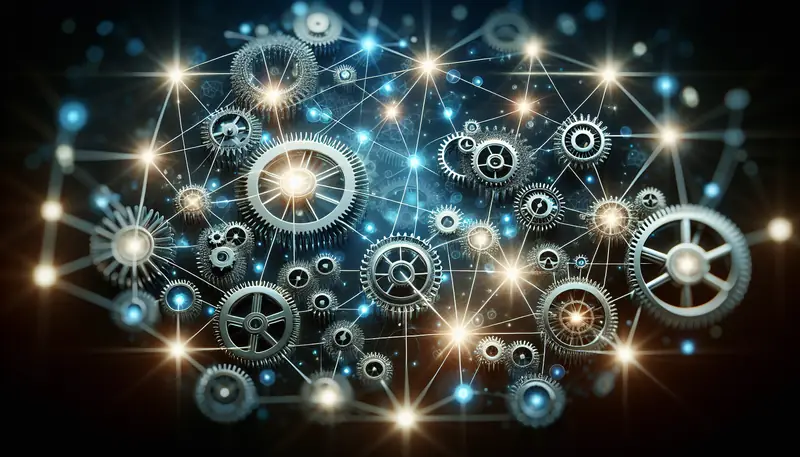 Illustration of interconnected gears symbolizing the complexities and interdependencies in scaling agile teams.
