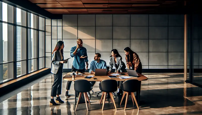 Photo of a diverse team collaborating in a modern office space, representing the transition from small to large teams in agile scaling.